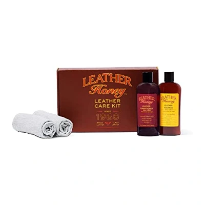 Immagine di Leather Honey Kit completo per la cura della pelle con balsamo (226,8 g), detergente g) e due panni applicatori l&#039;uso su abbigliamento in pelle, mobili, interni auto,