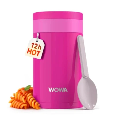 Immagine di WOWA Borraccia per bambini in acciaio inox da 450 ml, cibi caldi e freddi, con cucchiaio, bocca larga, 100% a prova di perdite, bambini, coperchio facile aprire, barattolo