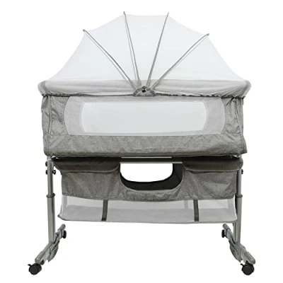Immagine di Culla Cododo Bambino con materasso, moda a dondolo per culla, lato pieghevole, altezza regolabile, finestre in rete, ruote e borsa da viaggio 0 6 mesi (93 x 57 71 88 cm (grigio