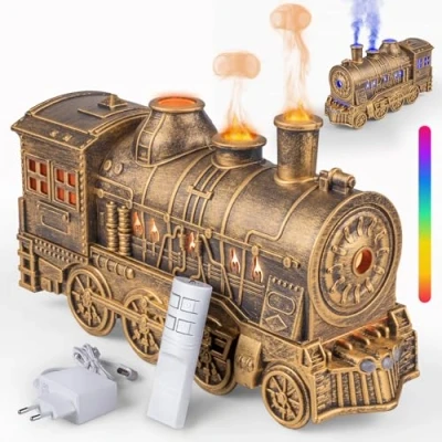 Immagine di Jeebel Diffusore di Oli Essenziali Effetto Fiamma a Forma Treno con LED Colorati, Telecomando, Adattatore Alimentazione 300ml Mini Umidificatore per Camera Letto e Ufficio Aromaterapia