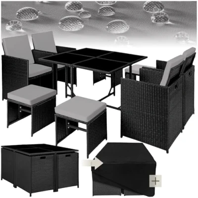 Immagine di TecTake® Set di Mobili in Rattan Bilbao, 4 Sedie e Sgabelli con Tavolo, Struttura Acciaio Poly Resistente, Ideale per Giardino Terrazzo, da Esterno Nero/Grigio