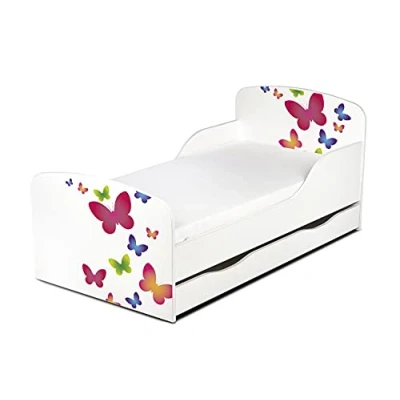 Immagine di leomark Letto per bambini in legno, cassetto e materasso, rete a doghe, mobili bambino, magnifiche stampe, dimensioni del materasso 140 x 70 cm, colore bianco con motivo: FARFALLE