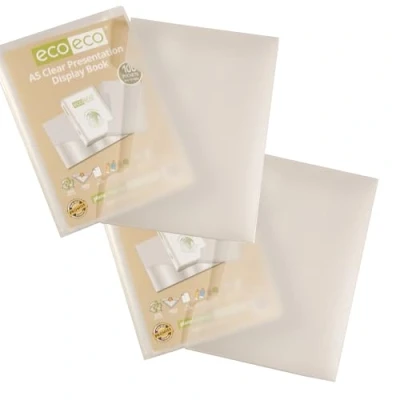 Immagine di eco Eco150 x 2 cartelline trasparenti per presentazioni, formato A5, 50% riciclate, 100 tasche, con buste in plastica e scatola trasparente