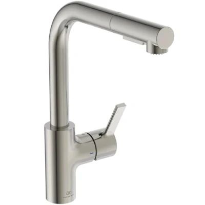 Immagine di Ideal Standard Gusto, Miscelatore monocomando per lavello da cucina, Bocca ad L tubolare con doccetta orientabile ed estraibile a due funzioni, Silver Storm