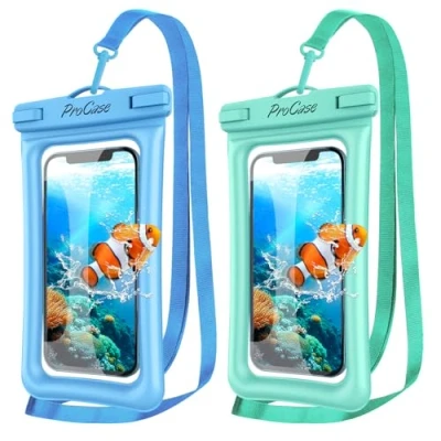 Immagine di ProCase [2 Pezzi] Custodia Impermeabile Galleggiante Smartphone IPX8 per iPhone 13/12/11 PRO Max XR XS X, Galaxy A22/A52/A12/A5, Xiaomi Redmi 9/Note 11 10 9, Huawei P40 P30 Fino a 7,0&quot; Blu/Verde
