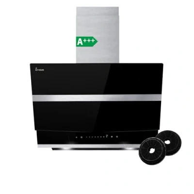Immagine di Cappa aspirante 60 cm da parete con altezza verticale Acciaio inossidabile Vetro nero Spegnimento automatico Controllo touch HERMES6005S