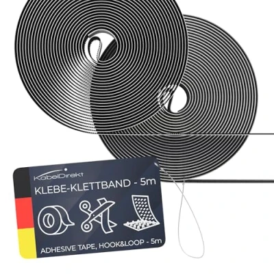 Immagine di KabelDirekt Nastro con Chiusura a Strappo Autoadesivo 20 mm x 5 m uncino e ad asola, Strappo, Hook &amp; Loop, Nero, Top Series