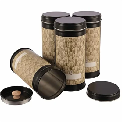 Immagine di 4 x contenitori sottili per tè con coperchio di protezione aroma, 100 g tè, impilabili, 2 etichette adesive Art déco, 14 6,6 cm (A D), ideale anche come contenitore spezie.