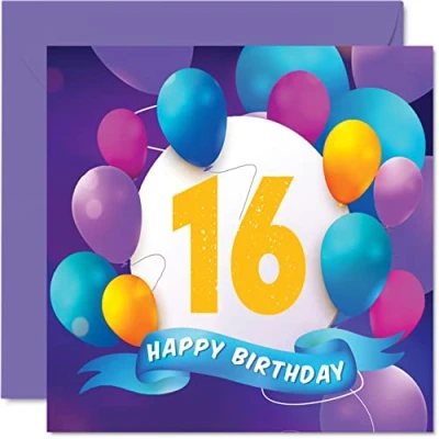 Immagine di Biglietto di auguri per il 16 compleanno ragazzi e ragazze, festa con palloncino, biglietti anni, ragazzi, fratello, sorella, figlio, figlia, nipote, 145 mm x