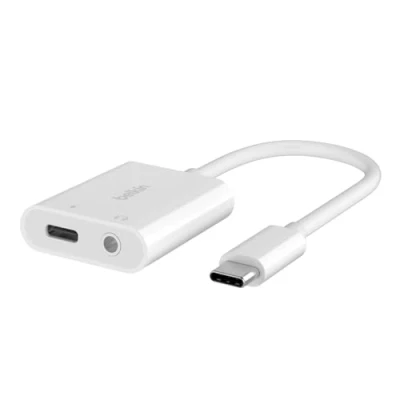 Immagine di Belkin RockStar™ adattatore audio da 3,5 mm + ricarica USB C®, cuffie con rapida C PD 60 W per iPhone 15, iPad Pro, Galaxy, Note, Google Pixel, LG, Sony Xperia ecc Bianco