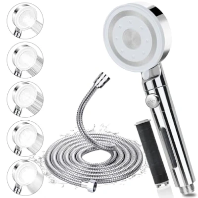 Immagine di Soffione Doccia Alta Pressione, Doccino per con 2m Tubo, Risparmio Idrico 5 Tipi Di Getto, Grande Universale, Doccetta Filtrazione Pulsante Arresto, Cromata