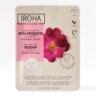 Immagine di Iroha Nature Maschera Viso Anti età Globale con Rosa Mosqueta e Acido Ialuronico Combatte Rughe Segni Tonicità ed Elasticità Maschere per una Pelle Radiosa