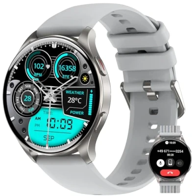 Immagine di IOWODO Smartwatch Uomo Donna, 1.45&quot; Orologio Fitness Tracker con Effettua/Risposta Chiamate Bluetooth, Contapassi/Cardiofrequenzimetro/Sonno, Impermeabile IP68 per Android iOS, Quadrante Rotondo