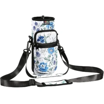 Immagine di Nuovoware Borsa per Borraccia in Neoprene da 25oz/710ml, Custodia Bottiglia con Tracolla Regolabile Maniglia e Tasche Portatile Porta Ciclismo, Campeggio, Bianco+Blu