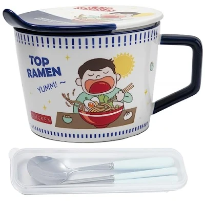 Immagine di lachineuse Ciotola per tagliatelle istantanee Ramen giapponese &amp; cinesi Con posate e coperchio colazione, zuppa, riso Idea regalo asiatica Giappone Cina Cup