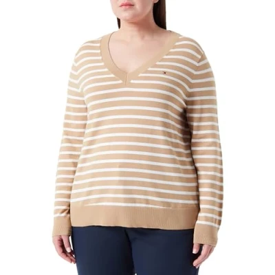 Immagine di Tommy Hilfiger Pullover Donna Scollo a V, Multicolore (Classic Khaki/ Ecru Stp), 54