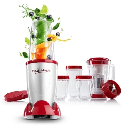 Immagine di GOURMETmaxx Mr. Magic Smoothie Maker 18 pezzi Miscelatore da stand con 8 funzioni tra cui la funzione To Go bottiglia di frullato e molti accessori [400 Watt]