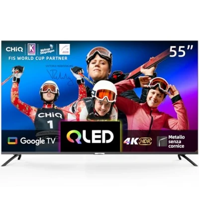 Immagine di CHiQ Smart TV QLED 55 pollici 4K, Ampio spettro cromatico UHD con HDR, telecomando a controllo vocale, Chromecast integrato, Dolby Audio, DBX TV, Bluetooth 5.0, Wi Fi Dual Band, Modello U55QM8E 2023