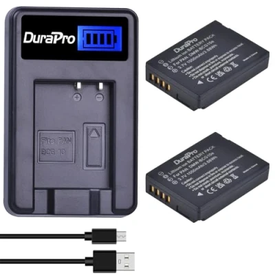 Immagine di DuraPro 2 batterie DMW BCG10 + caricatore USB LCD per Panasonic BCG10, BCG10E, BCG10PP e Lumix DMC TZ10 3D1, TZ6, TZ7, TZ8