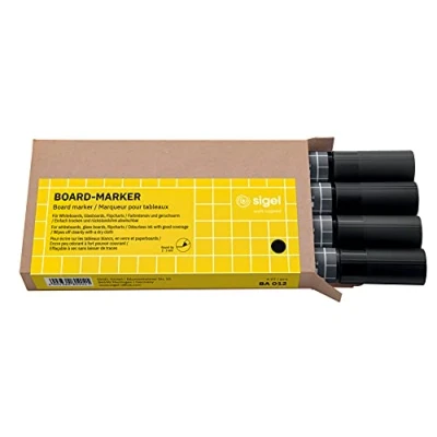 Immagine di SIGEL BA012 Marcatore per lavagna, cancellabilecon un panno asciutto o umido, nero, punta tonda 2 3 mm, 4 pezzi , lavagne magnetiche in vetro bianco, bianche e flipchart