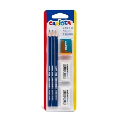 Immagine di CARIOCA Matite Grafite HB con Temperino e 2 Gomme, Set di Esagonali Gomme un Inclusi, Resistenti, Colore Nero, 3 Pezzi