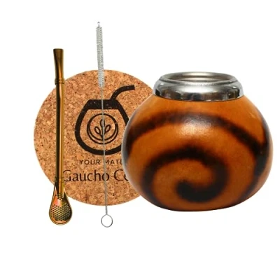 Immagine di Gaucho Cebar Set di calebasss naturali per tè Yerba Mate Tazza zucca e cannuccia in acciaio inox Bombilla Straw Accessori sughero spazzola
