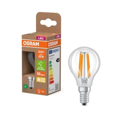 Immagine di OSRAM dalla classica forma a globo, con filamento LED decorativo, classe di efficienza energetica A, E27, 2,2 W, 470 lm, 4000 K, bianco freddo. luce immediata al 100%. Sfarfallio basso.