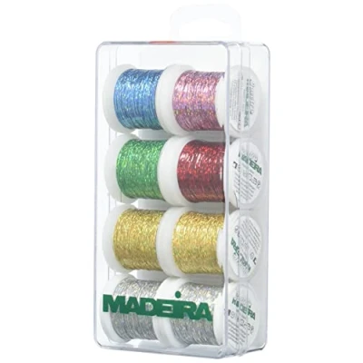 Immagine di Madeira Filo Metallico olografico Spectra Cucito a Mano e Macchina, Riflettente la Luce, Bobine di Carta Glitterata, Cotone, Polyneon Fluorescent, 8 x 100m, 800 unità