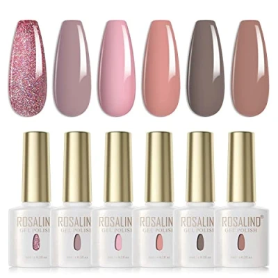 Immagine di ROSALIND Smalti Semipermanenti Rosa Nudo Grigio Marrone Glitter 6 Colori Semipermanente Unghie UV LED Smalto per Soak Off Nail Polish