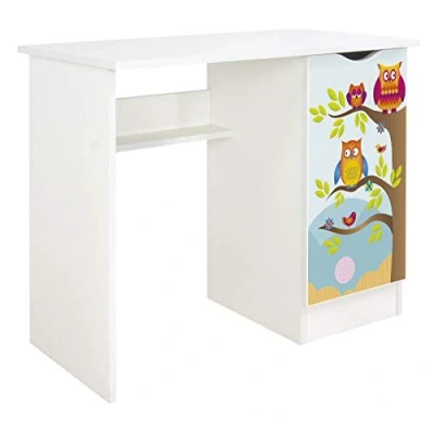 Immagine di leomark scrivania per bambini in legno 90cm x 50cm 77cm (LxPxA), set di mobili computer, scrittoio stile moderno, tavolo imparare e giocare, la camera dei bambini, Gufi