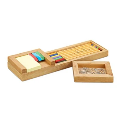 Immagine di Relaxdays Portapenne in Bambù, Organizer per la Scrivania 3 Parti, Portaoggetti, HLP 3,8 x 31 9 cm, Legno Naturale