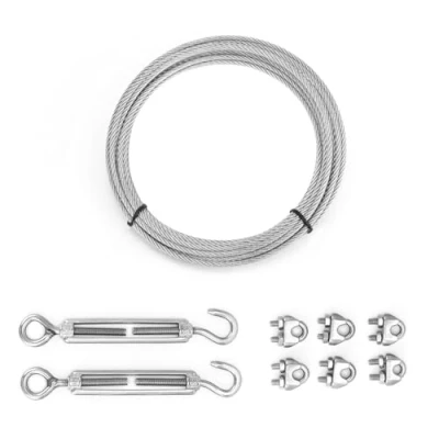 Immagine di QWORK® 5M Cavo Acciaio 3mm, 304 Inossidabile Set, con Tenditori M5, per Sospensioni di Lampade, Recinzioni, Stendibiancheria