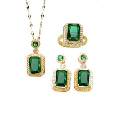 Immagine di KONFEN Parure Gioielli Cristallo Donna, 3 Pezzi Set Collana Girocollo Orecchini Regolabile Anelli con Zircone, e per Donne Ragazze (Verde)