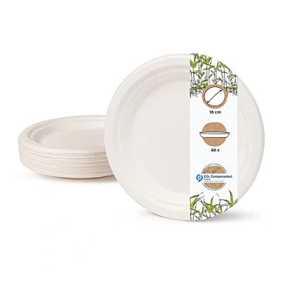 Immagine di BIOZOYG Set da Tavola ecologiche bagassa usa e getta I 50 pezzi Piatto di canna zucchero bianco sbiancato rotonda 18 cm monouso