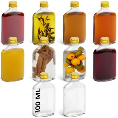 Immagine di HEFTMAN Bottiglie di vetro piccole, 100 ml, vuote, con coperchio dorato, ermetiche, riutilizzabili, coperchio, perfette per gin, vino, aceto, bevande fatte in casa, salse, decorazioni, confezione