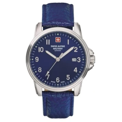 Immagine di Swiss Alpine Military Orologio da uomo analogico al quarzo 7011.1 in pelle, Blu/Argento/Blu 1535sam, cinghia