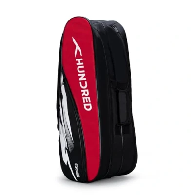 Immagine di HUNDRED Cosmogear Badminton Kit Bag (Black/Red, Size: Large) Double Zipper with Front Pocket Material: Polyester Padded Back Straps Easy Carry Handle
