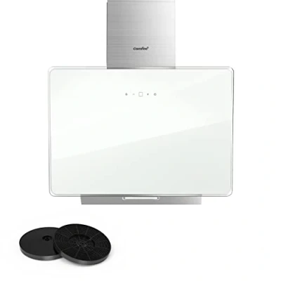 Immagine di COMFEE cappa aspirante A+ 60 cm CHK 3.6J64A1W in vetro temperato e acciaio inox con touch screen, LED sistema di ricircolo canale, a parete, bianco