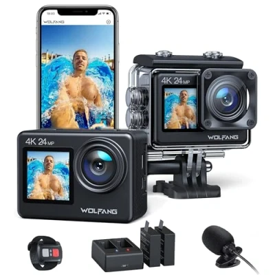 Immagine di WOLFANG Dual Color Screen Action Cam GA200 4K 24MP WiFi Fotocamera 40M Impermeabile Subacquea Videocamera Casco Anti Shock con Telecomando 2.4G, Caricabatterie, Batterie 2x1050mAh e Accessori