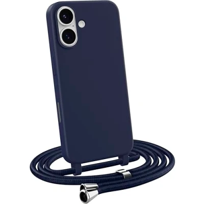 Immagine di MyGadget Cover con Cordino per iPhone 16 Custodia Corda Case Opaca Antiurto Bumper Laccio Tracolla Practical Stylish Blu Scuro