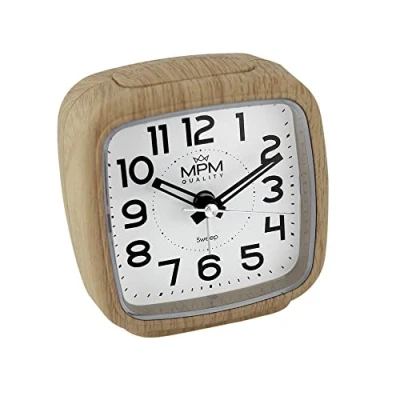 Immagine di MPM Quality sveglia di design in plastica, sveglia, colore legno, moderno, analogico, ascendente, snooze, funzione luce notturna, decorazione da tavolo per casa, camera