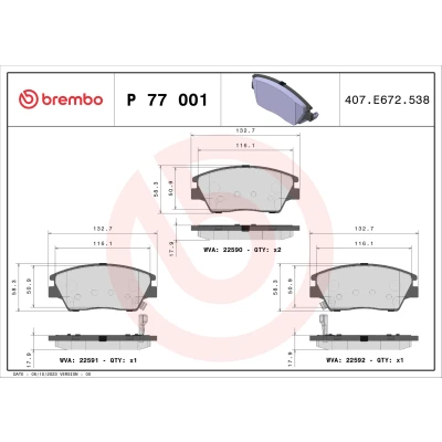 Immagine di BREMBO P 77 001 Kit pastiglie freno con segnalatore acustico usura senza accessori SSANGYONG: Korando IV SUV, Tivoli XLV SUV