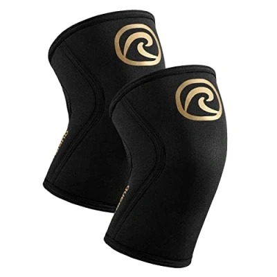 Immagine di Rehband Benda per ginocchio Powersport, fascia Cross Fit e allenamento pesante in neoprene da 5 mm, Colore:Oro/Nero 1 Paio, Misura:M