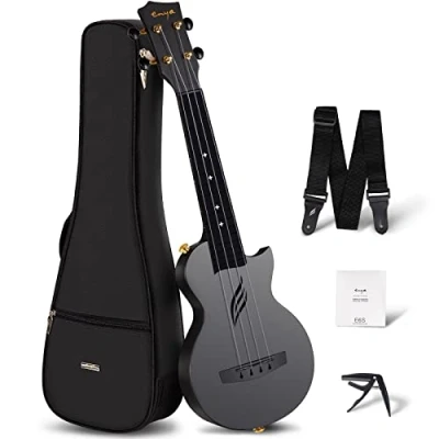 Immagine di Enya Ukulele Soprano Nova U Mini Simple 53,3 cm da viaggio in fibra di carbonio Con kit per principianti include custodia, cinturino, capotasto e corde (nero)