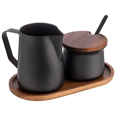 Immagine di APS 634 Set da 5 pezzi per latte e zucchero, in legno di acacia, acciaio inox rivestito PTFE, colore: Nero
