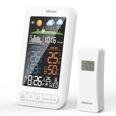 Immagine di Vexloria Stazione Meteo Wireless Con Sensore Esterno, Termometro Da Interno, Igrometro Interno Visualizzazione Della Temperatura, Previsioni Meteo, Sveglia, Versione Di Aggiornamento Bianco