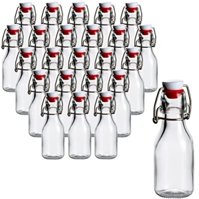 Immagine di gouveo Set 24 bottiglie in vetro da 100 ml tonde con tappo basculante bottiglia piccola per riempimento liquore, succo, olio (BFR100)