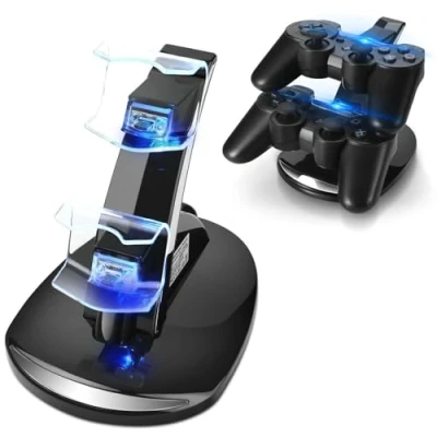 Immagine di Supporto di Ricarica Controller TNP per Sony Playstation 3 Dualshock 3, Stand a 2 Livelli con Porte Compatibili Cavo USB PS3 e Indicatori LED, Slim Nero