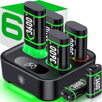 Immagine di 6 batterie da 3600 mWh per controller Xbox One/Xbox Series X&amp;S con indicatori a LED/15 ore di tempo gioco, compatibile One S/X/Elite, X/S