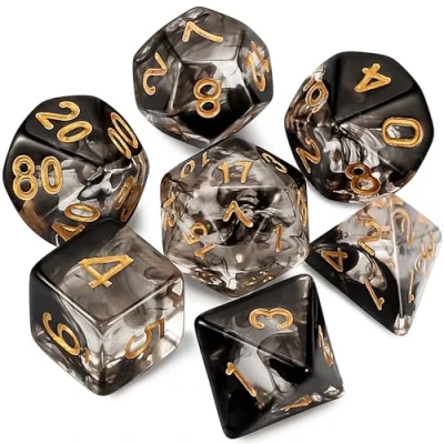 Immagine di Dzxin DND Game Set di dadi poliedrici, 7 pezzi, per giochi ruolo Dungeons and Dragons, e (trasparente + nuvola nera)
